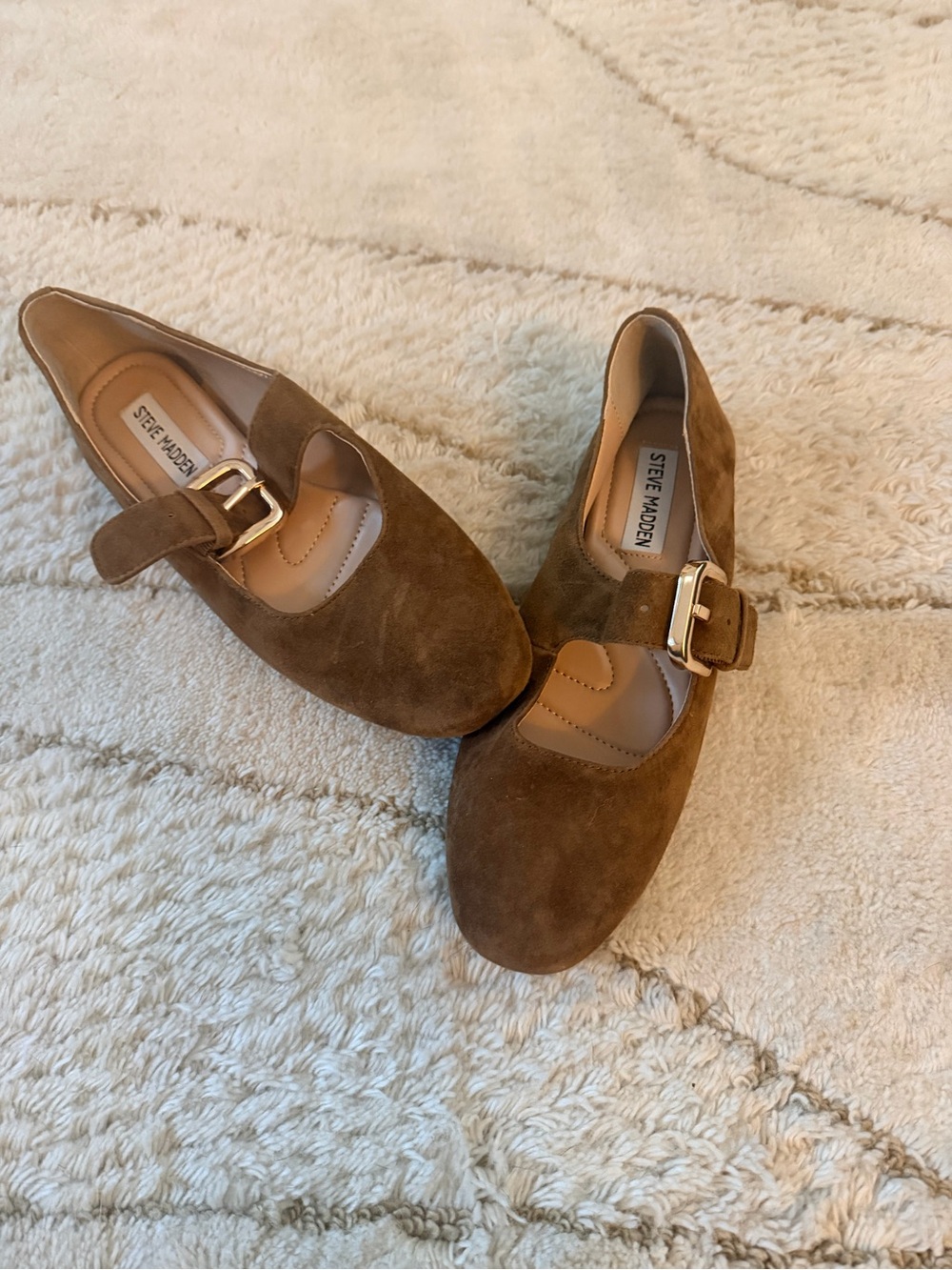 Steve Madden Brown Suede Mary Jane Flats with Gold Buckle Accent